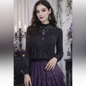 Avec Les Filles Black Pleated Sheer Crepe Highneck Blouse Size S Whimsigoth